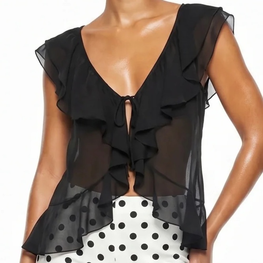 Sheer Ruffle Tie-Front Top